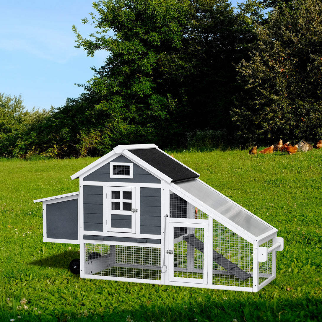 Chicken Coop with Removable Tray and Ramp Portable Outdoor Hutch with Wheels- Gray_1