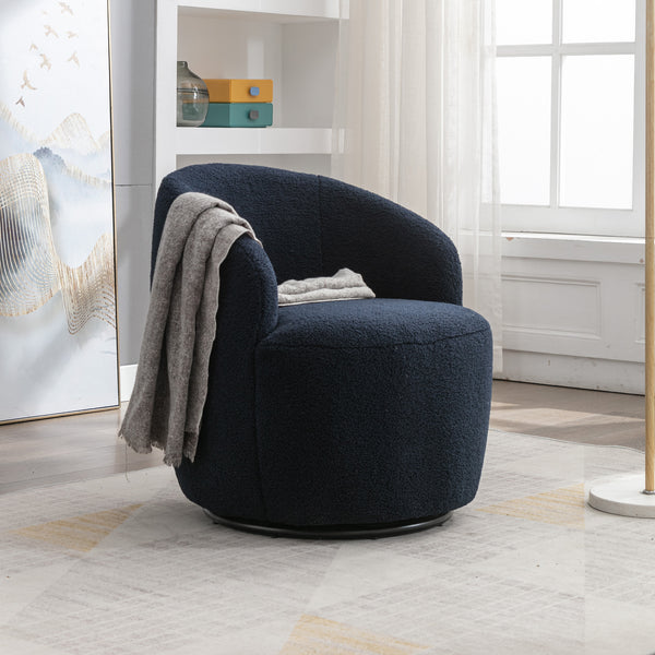 Teddy Fabric Swivel Accent Armchair Barrel Chair With Black Metal Ring- Dark Blue_0