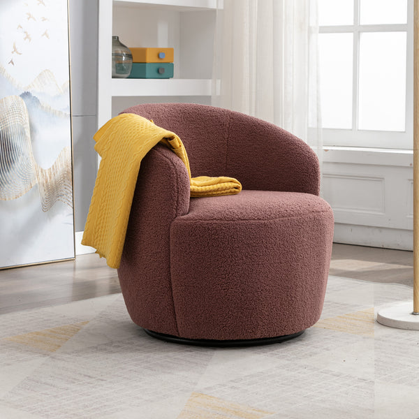 Teddy Fabric Swivel Accent Armchair Barrel Chair With Black Metal Ring- Dark Red_0