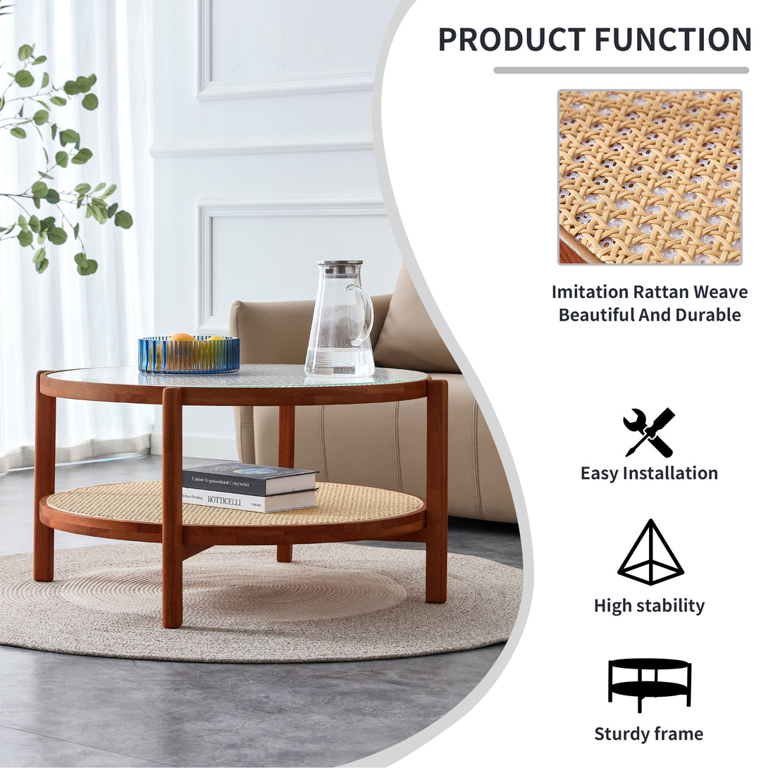 Modern and Simple Solid Wood Double Layered Circular Rattan Coffee Table- Walnut_13