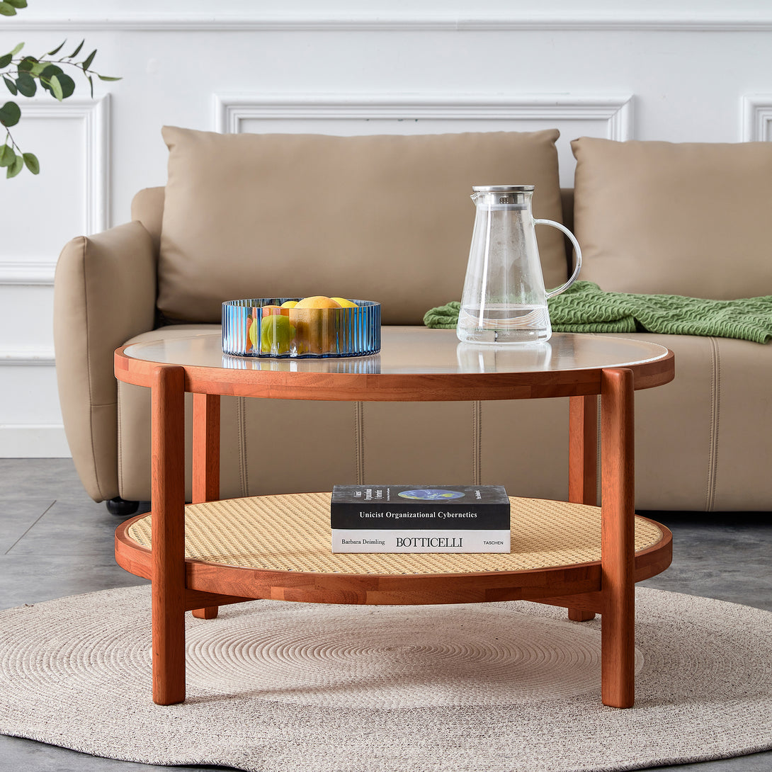 Modern and Simple Solid Wood Double Layered Circular Rattan Coffee Table- Walnut_2