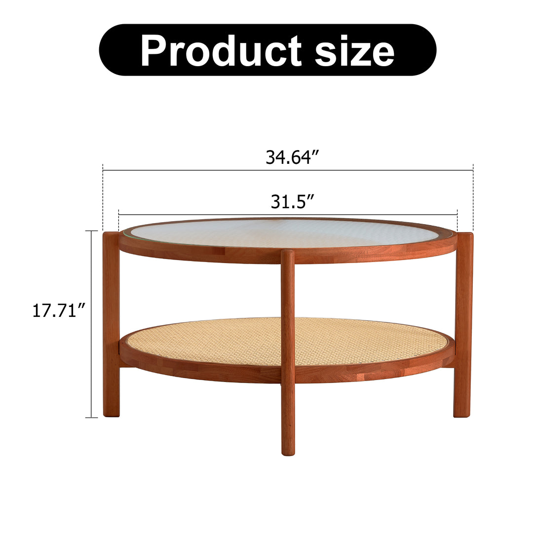 Modern and Simple Solid Wood Double Layered Circular Rattan Coffee Table- Walnut_16