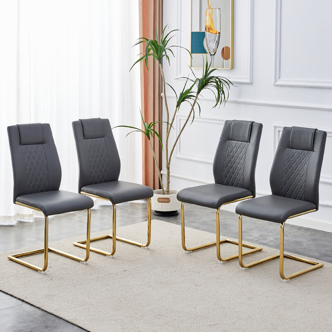 4 Pcs Faux Leather Upholstered Grid High Back Dining Chairs with Metal Base- Gray, Gold_1