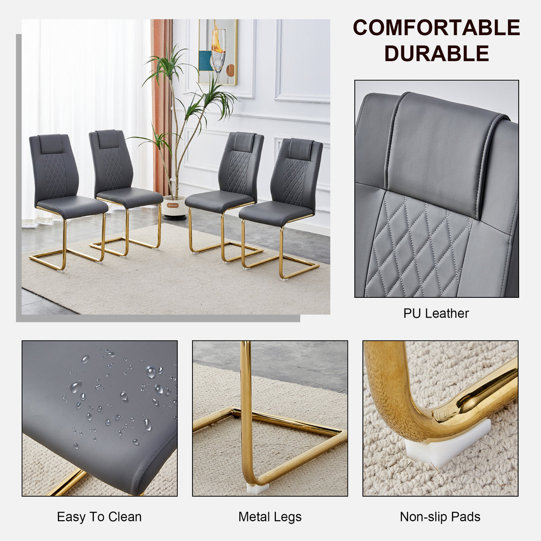 4 Pcs Faux Leather Upholstered Grid High Back Dining Chairs with Metal Base- Gray, Gold_21