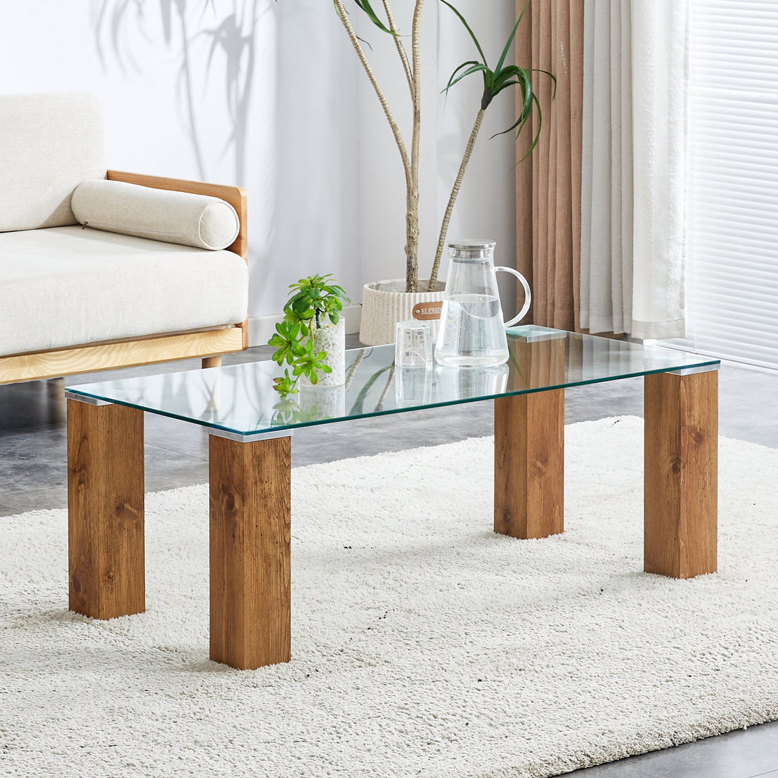 Modern Designed Glass-Top Transparent Rectangular Coffee Table with MDF Legs_4