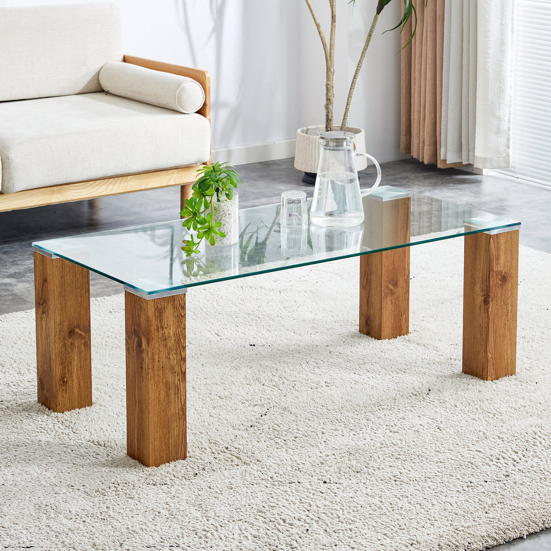 Modern Designed Glass-Top Transparent Rectangular Coffee Table with MDF Legs_5