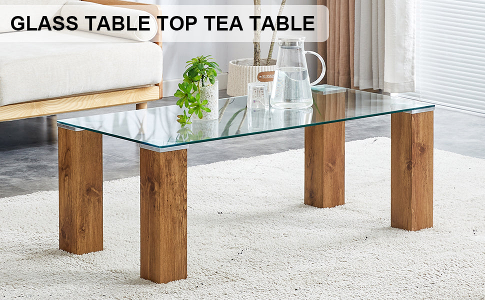 Modern Designed Glass-Top Transparent Rectangular Coffee Table with MDF Legs_16