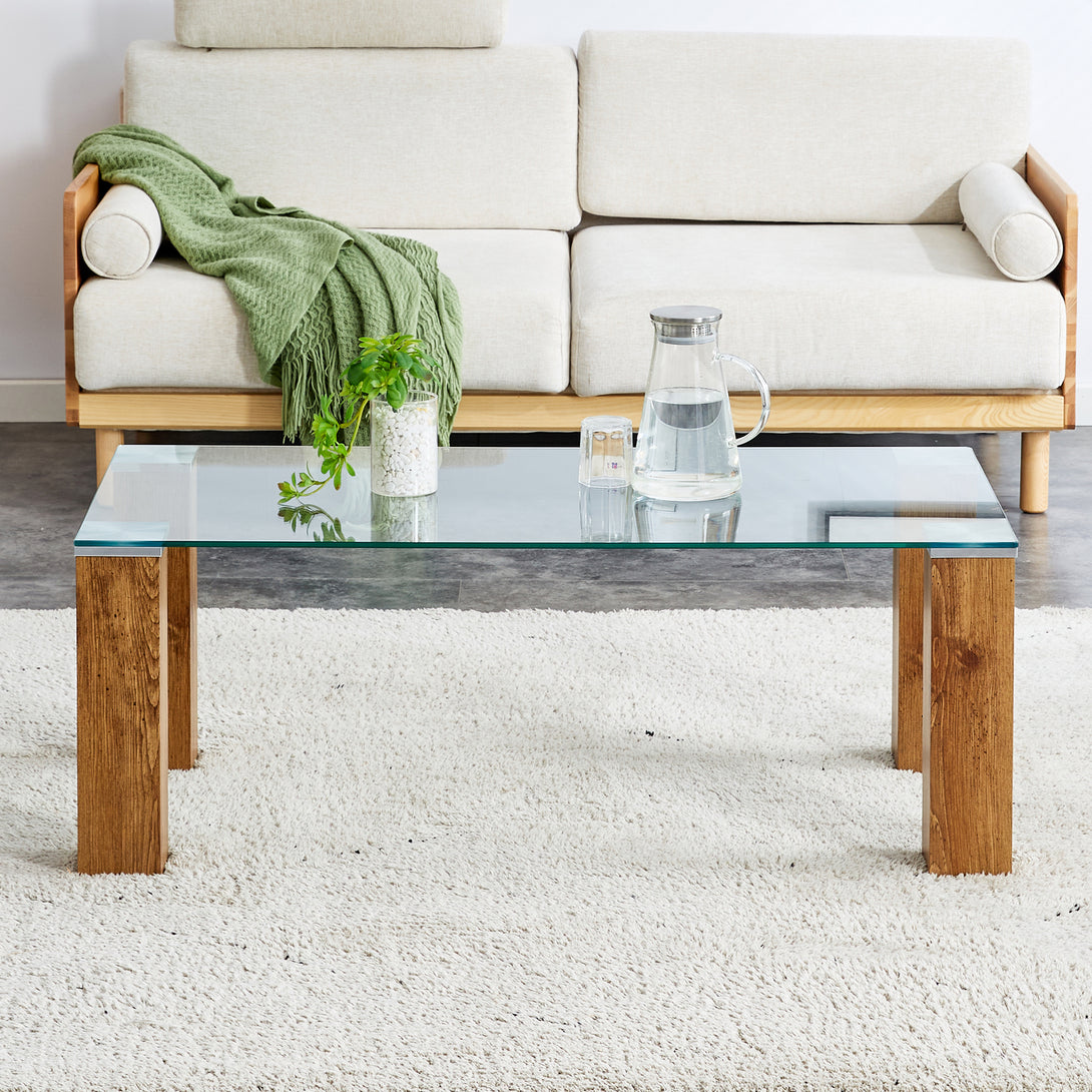 Modern Designed Glass-Top Transparent Rectangular Coffee Table with MDF Legs_3