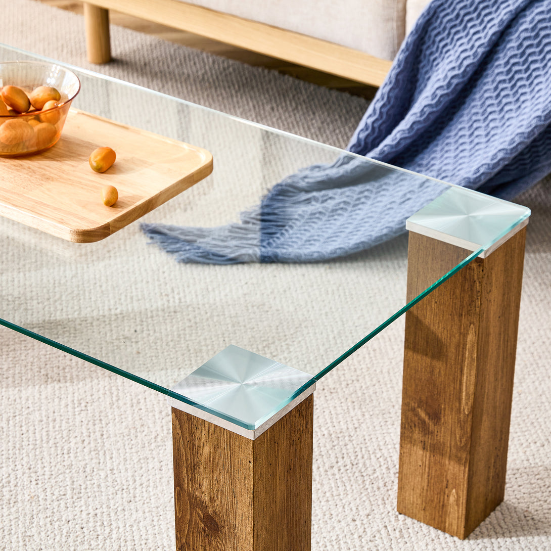 Modern Designed Glass-Top Transparent Rectangular Coffee Table with MDF Legs_8