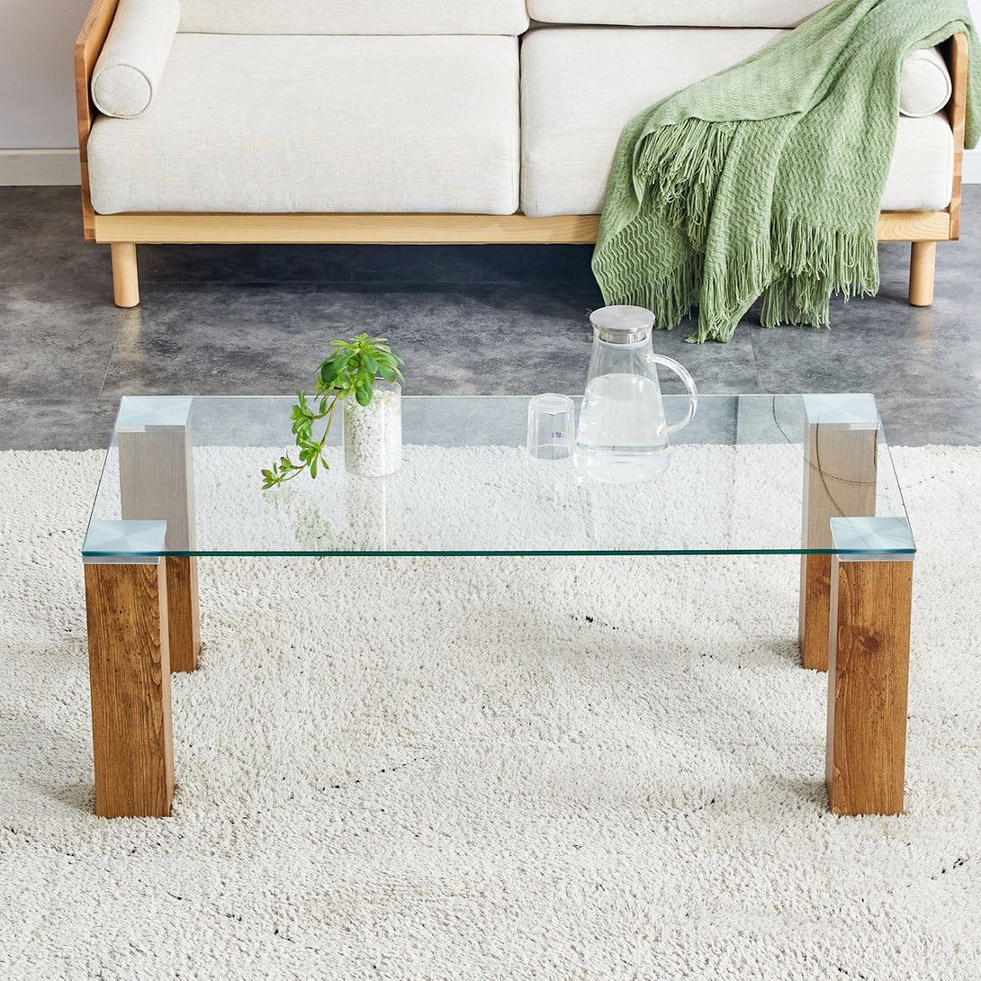 Modern Designed Glass-Top Transparent Rectangular Coffee Table with MDF Legs_1