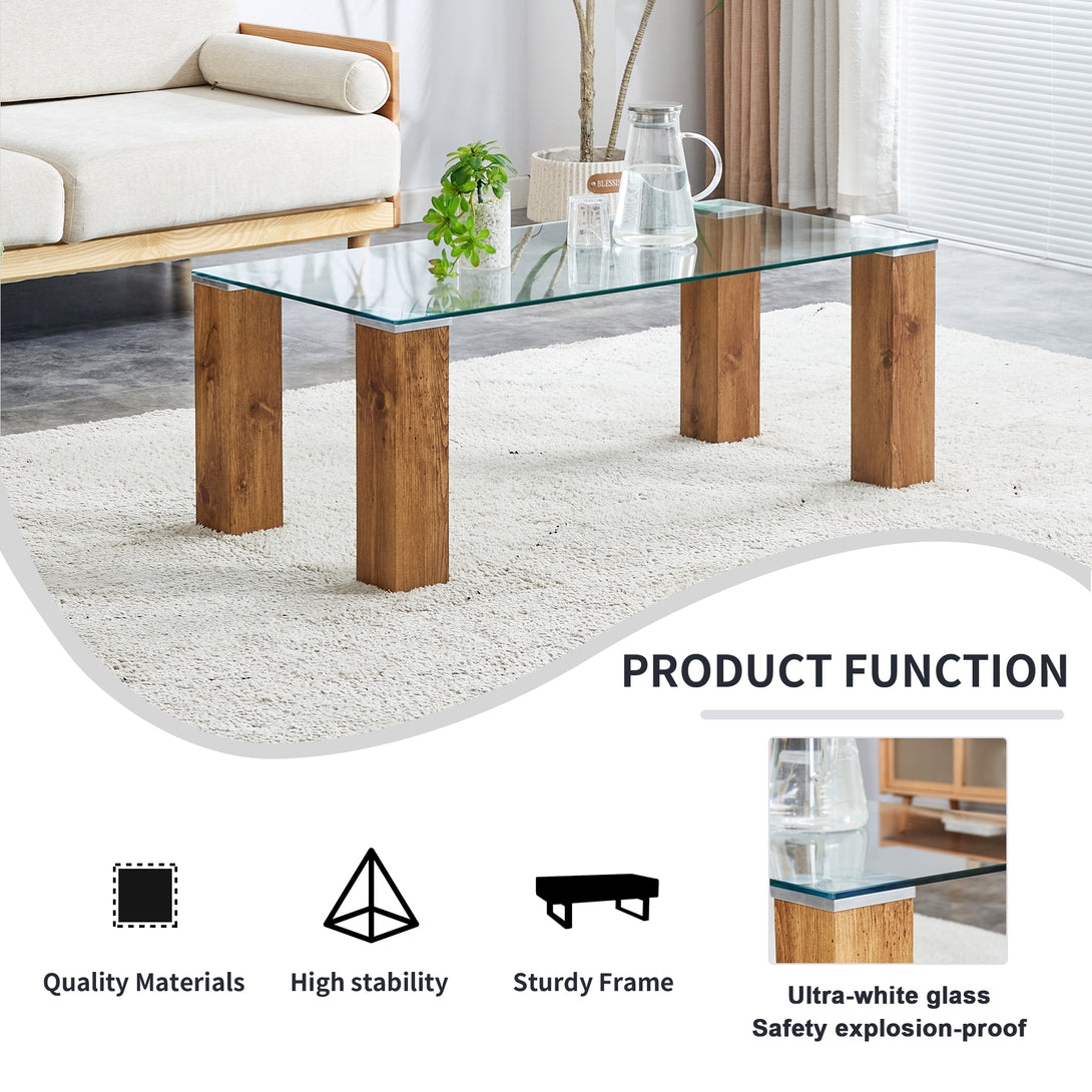 Modern Designed Glass-Top Transparent Rectangular Coffee Table with MDF Legs_23