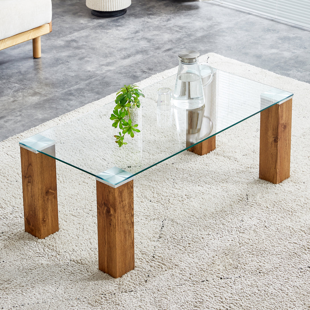 Modern Designed Glass-Top Transparent Rectangular Coffee Table with MDF Legs_2