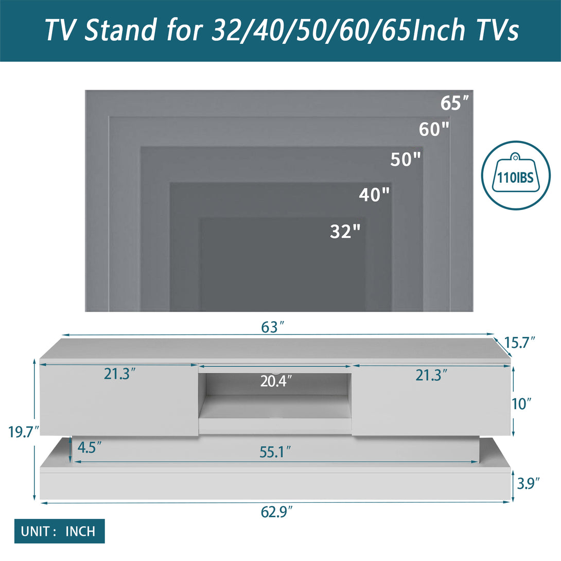 63 inches Modern and Simple Design Television Stand Organizing Cabinet with LED Light- White_3