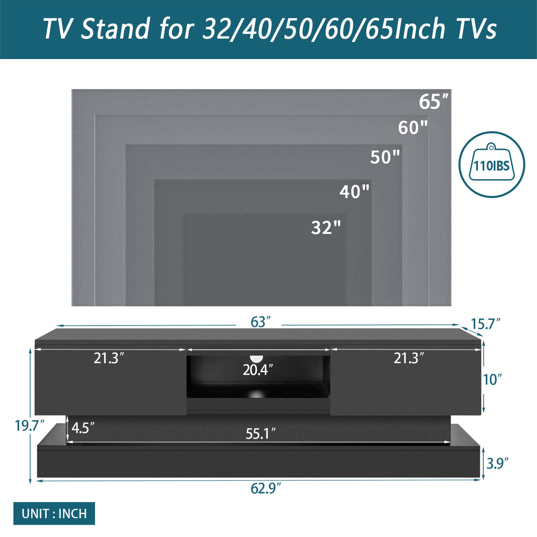 63 inches Modern and Simple Design Television Stand Organizing Cabinet with LED Light- Black_3