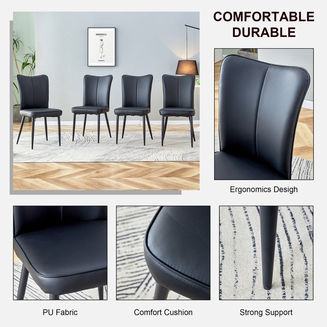 4 Pcs Faux Leather Upholstered Curved Back Dining Chairs with Metal Base- Black, Black_19