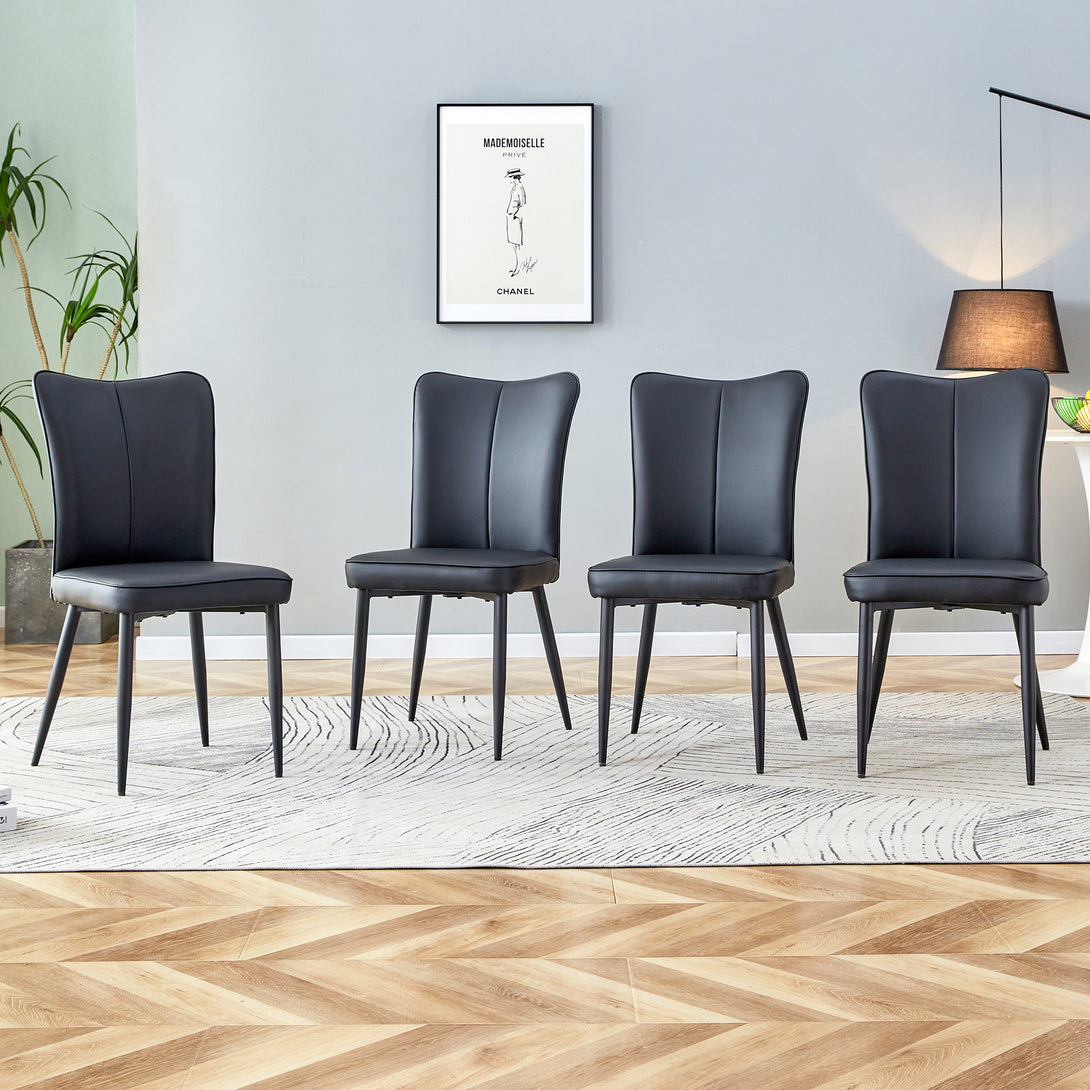 4 Pcs Faux Leather Upholstered Curved Back Dining Chairs with Metal Base- Black, Black_0