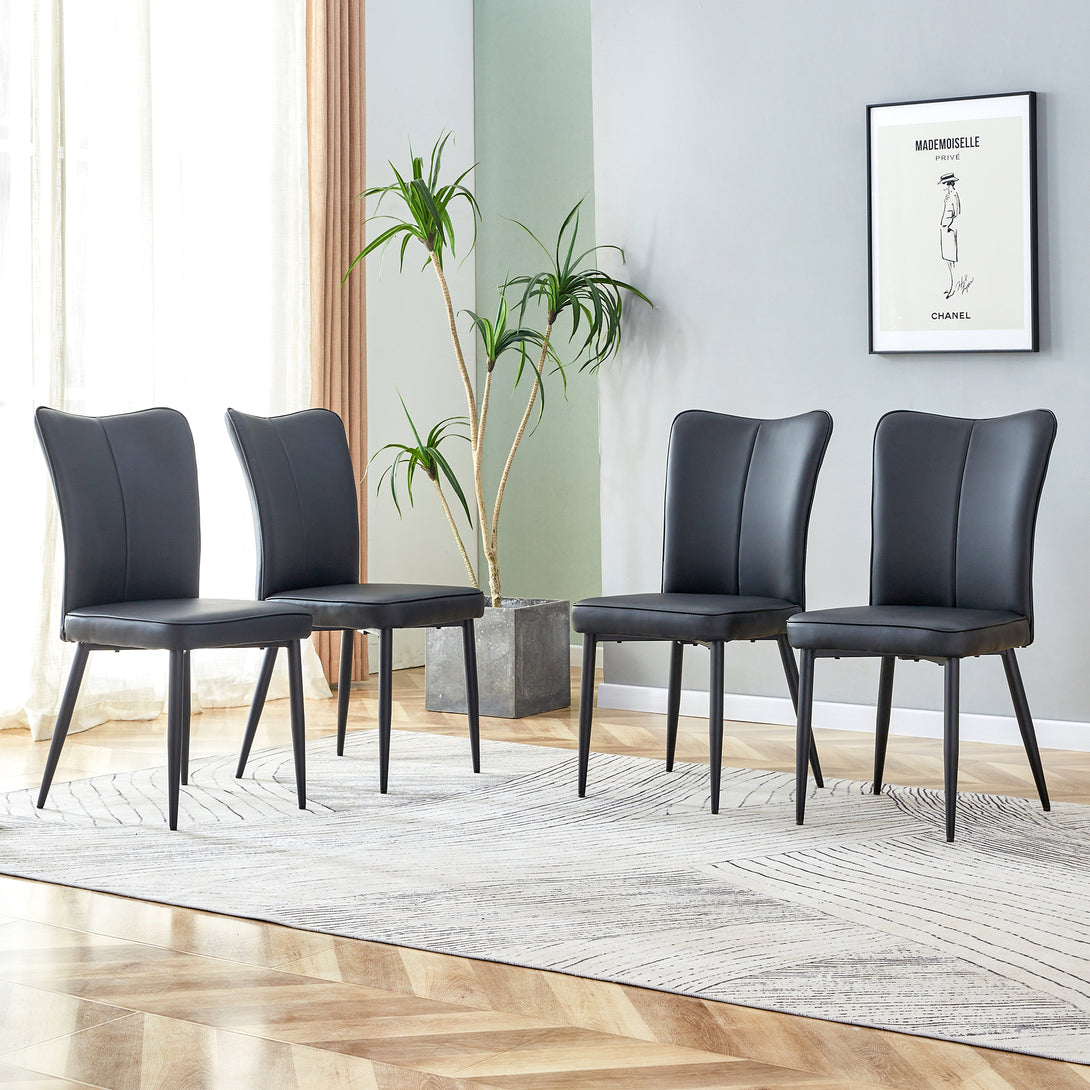 4 Pcs Faux Leather Upholstered Curved Back Dining Chairs with Metal Base- Black, Black_3