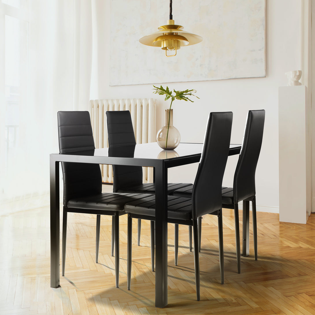 Set of 5 4 Seater Tempered Glass Dining Table and Faux Leather Chair Set- Black_2