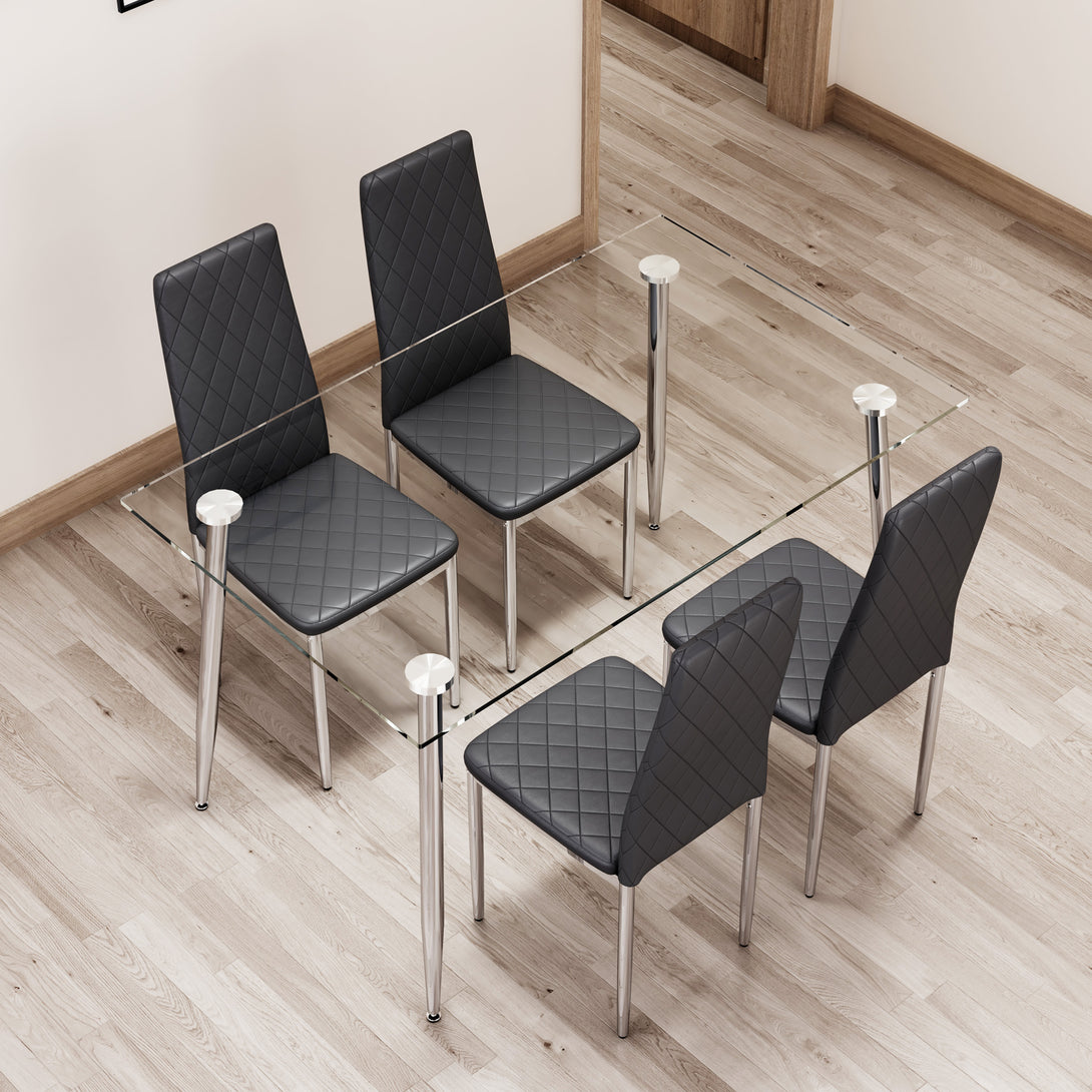 Set of 5 Tempered Glass Dining Table with Dining Chairs- Transparent Table+Black Chairs_2