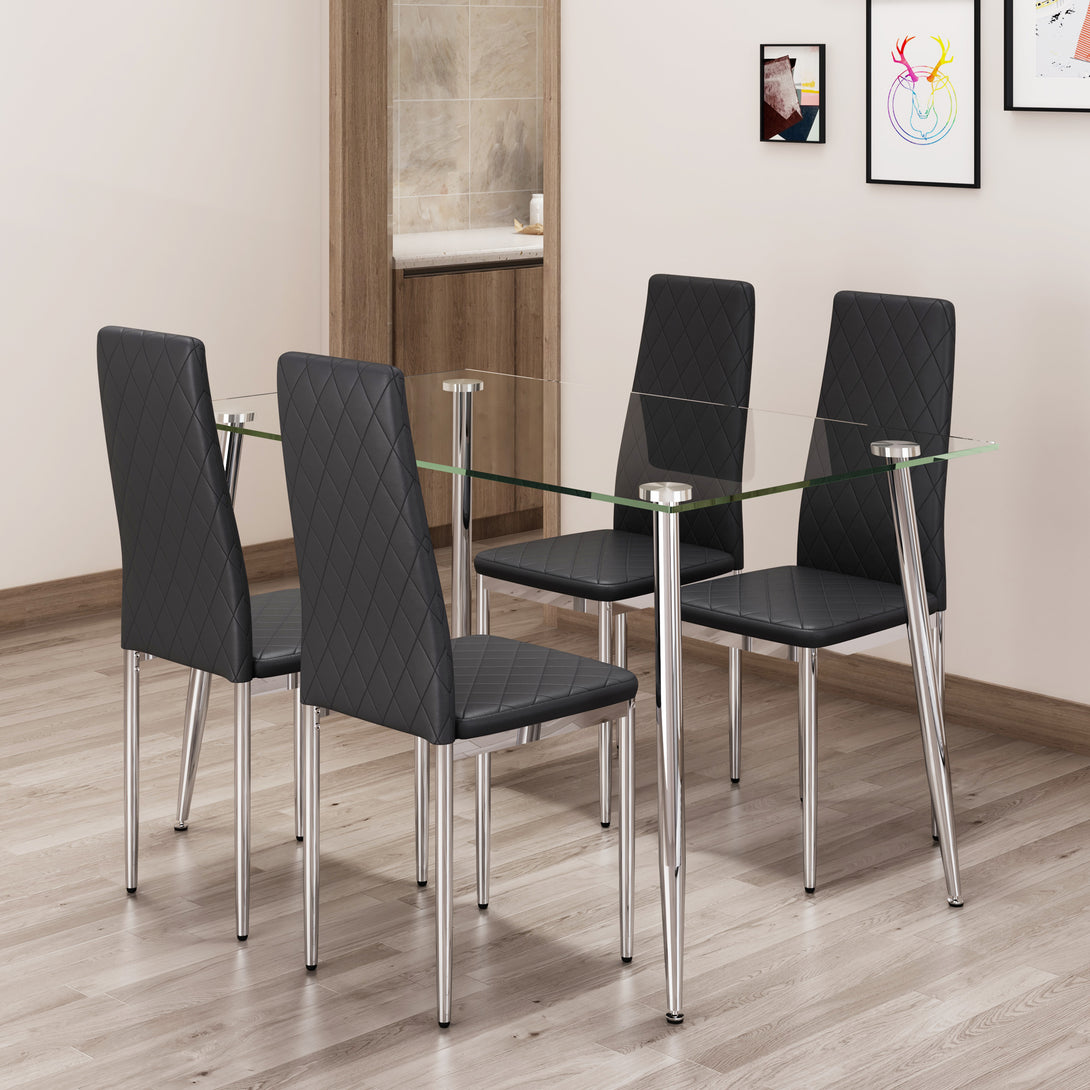 Set of 5 Tempered Glass Dining Table with Dining Chairs- Transparent Table+Black Chairs_1