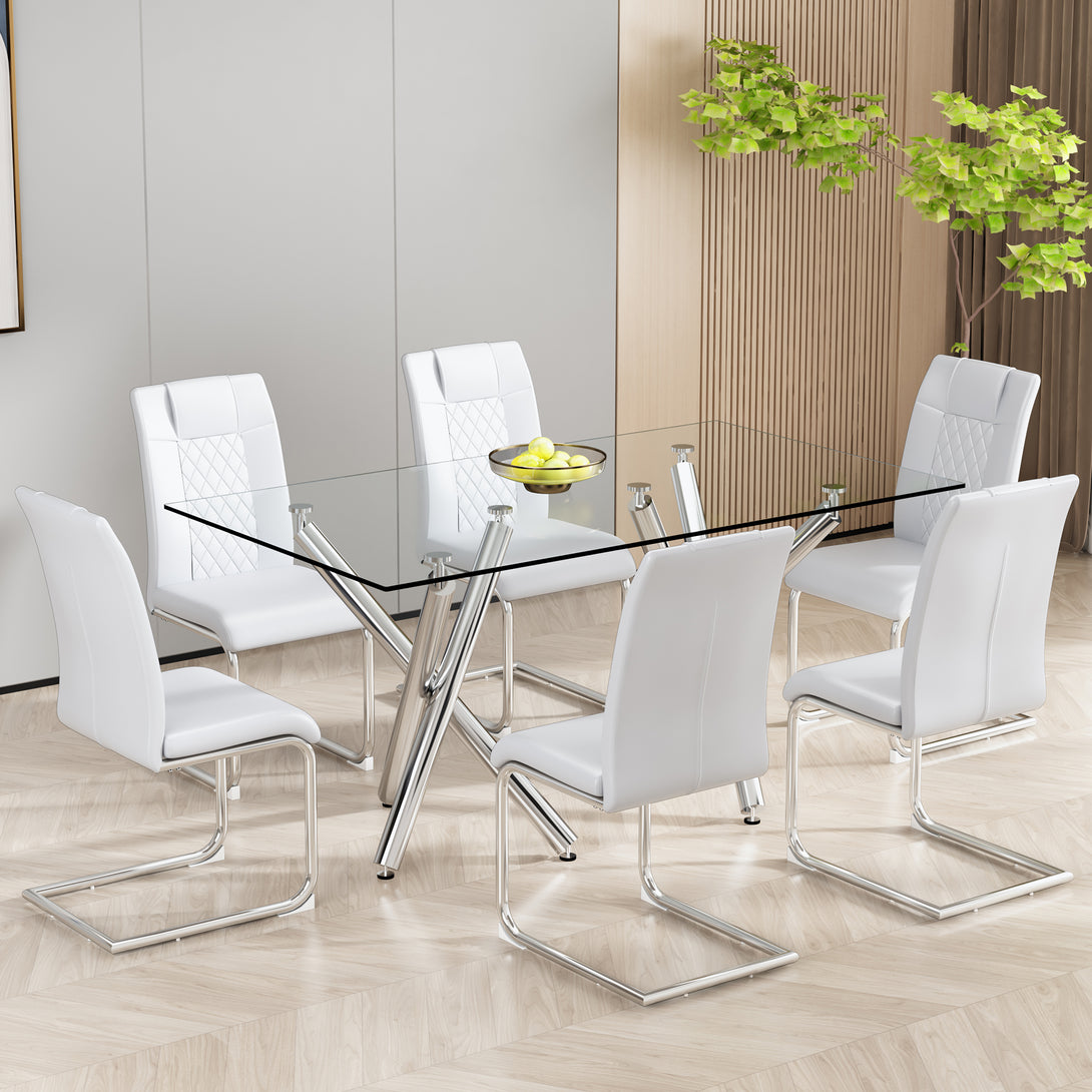 6 Pcs Faux Leather Upholstered Grid High Back Dining Chairs with Metal Base- White, Silver_3