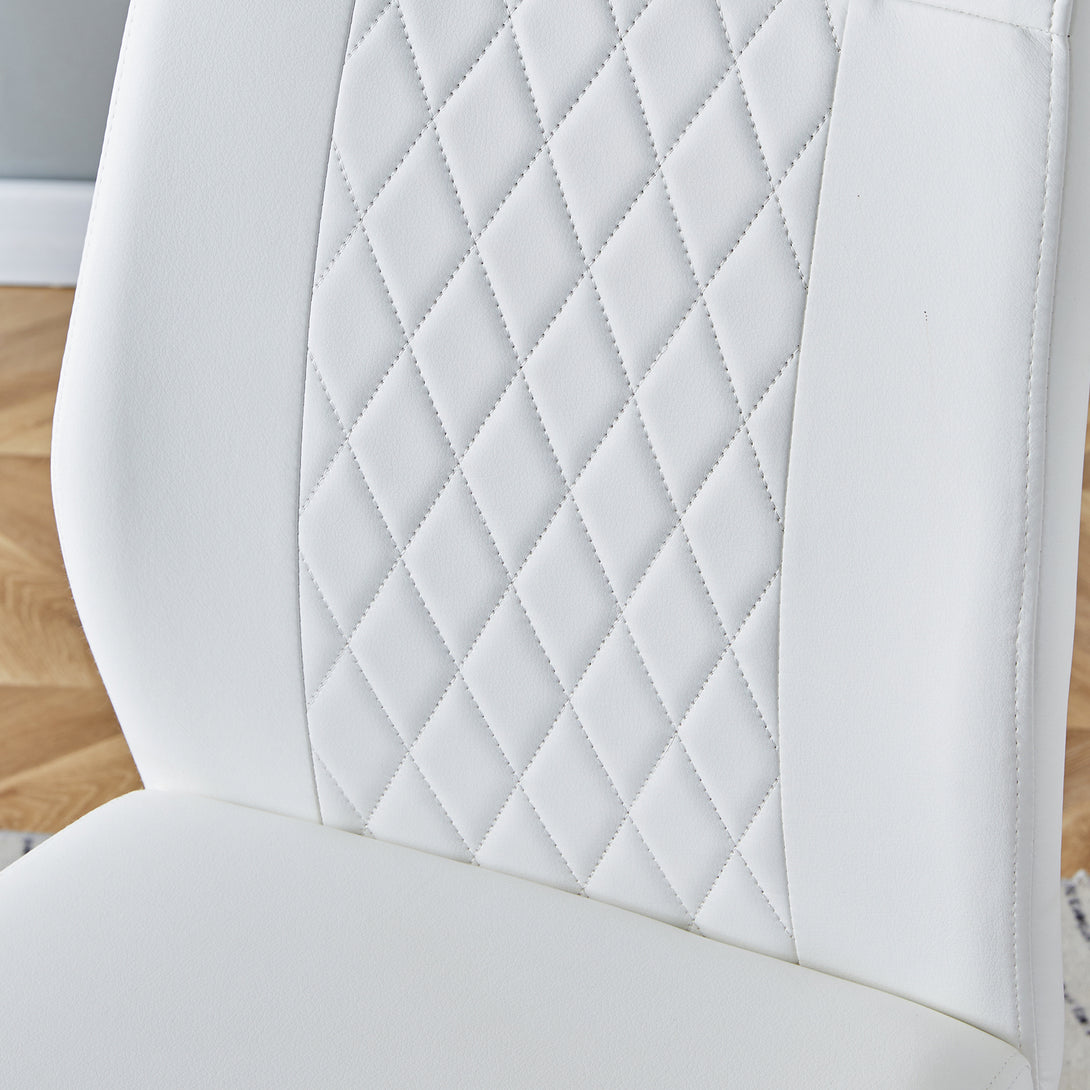 6 Pcs Faux Leather Upholstered Grid High Back Dining Chairs with Metal Base- White, Silver_9