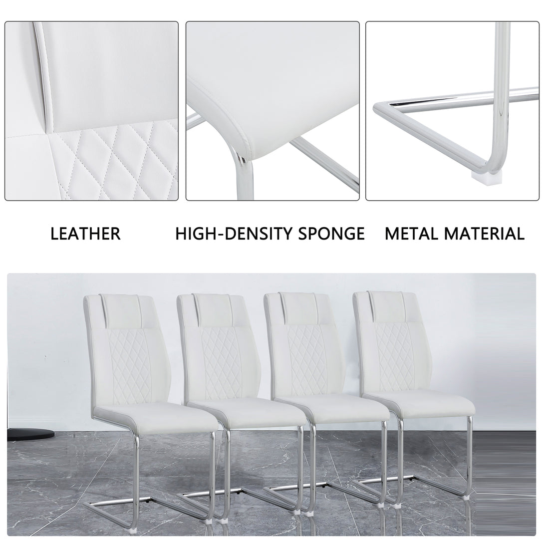 6 Pcs Faux Leather Upholstered Grid High Back Dining Chairs with Metal Base- White, Silver_6