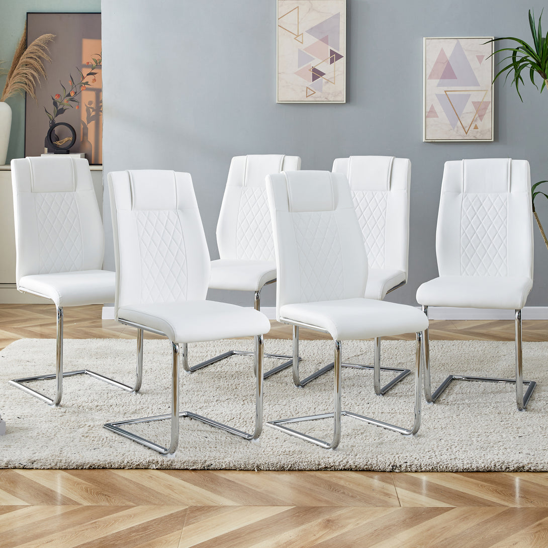 6 Pcs Faux Leather Upholstered Grid High Back Dining Chairs with Metal Base- White, Silver_1