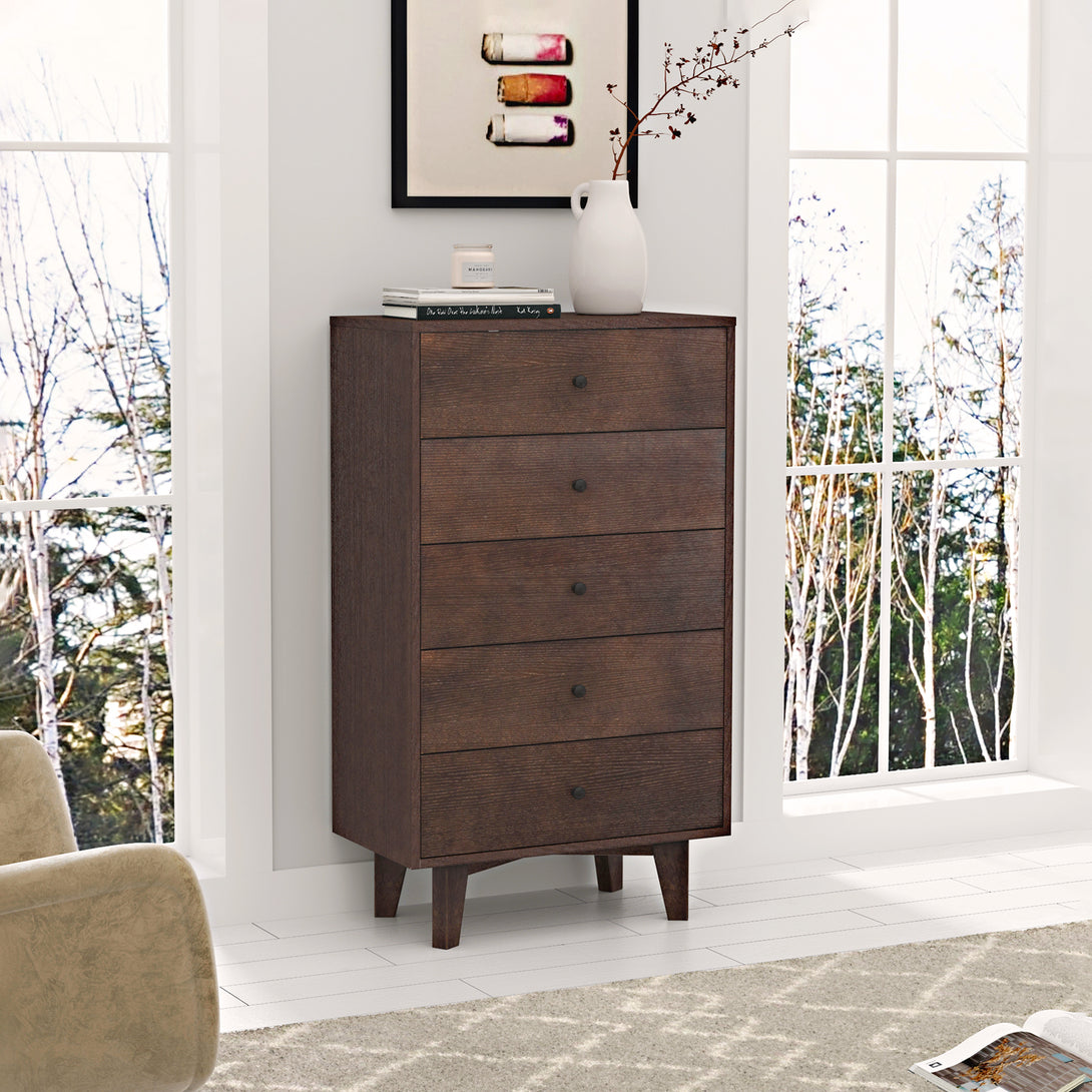 5 Drawers Wood Accent Stylish Tall Dresser Chest and Storage Organizer- Auburn_2