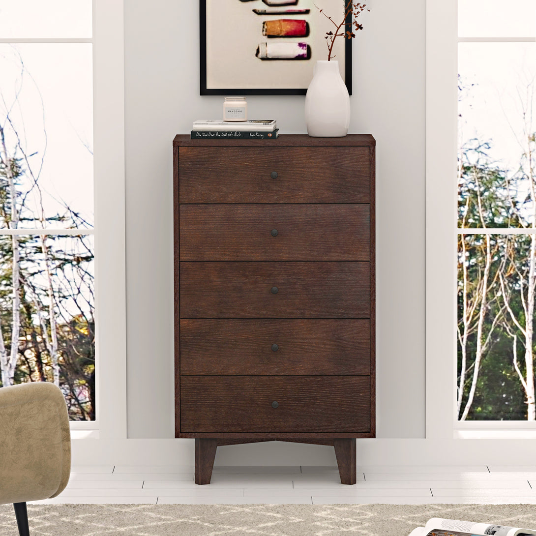 5 Drawers Wood Accent Stylish Tall Dresser Chest and Storage Organizer- Auburn_0