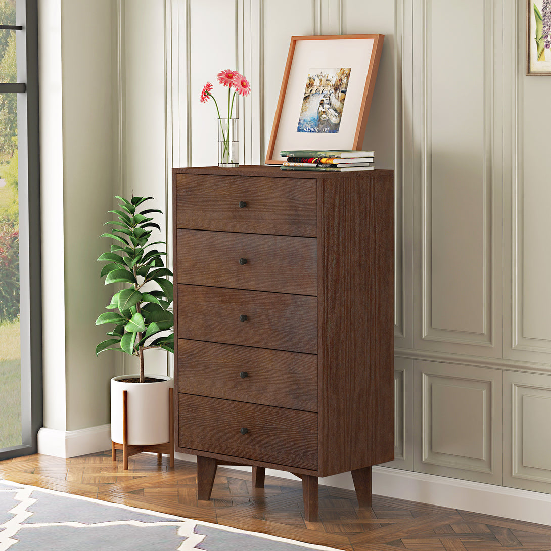 5 Drawers Wood Accent Stylish Tall Dresser Chest and Storage Organizer- Auburn_4