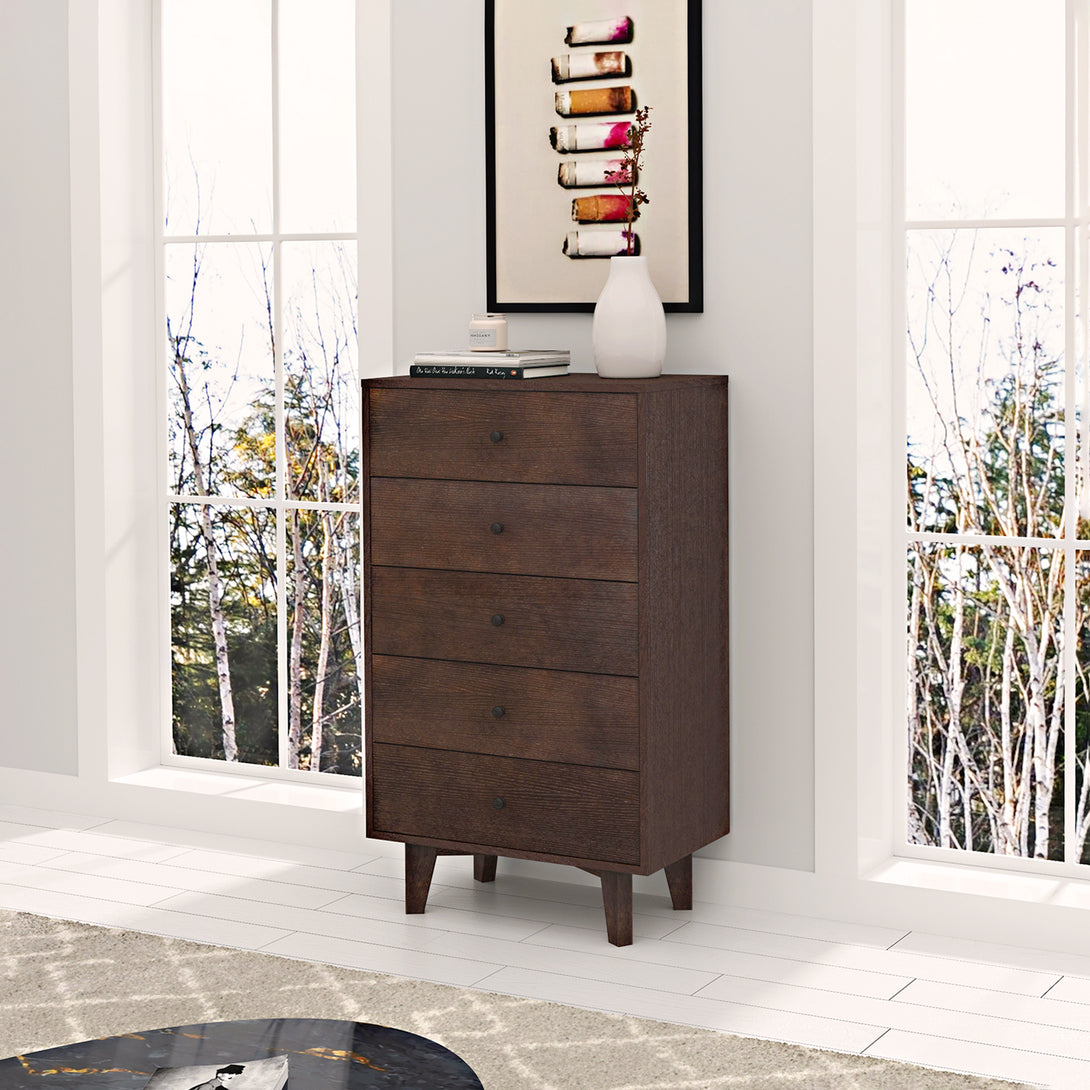 5 Drawers Wood Accent Stylish Tall Dresser Chest and Storage Organizer- Auburn_1