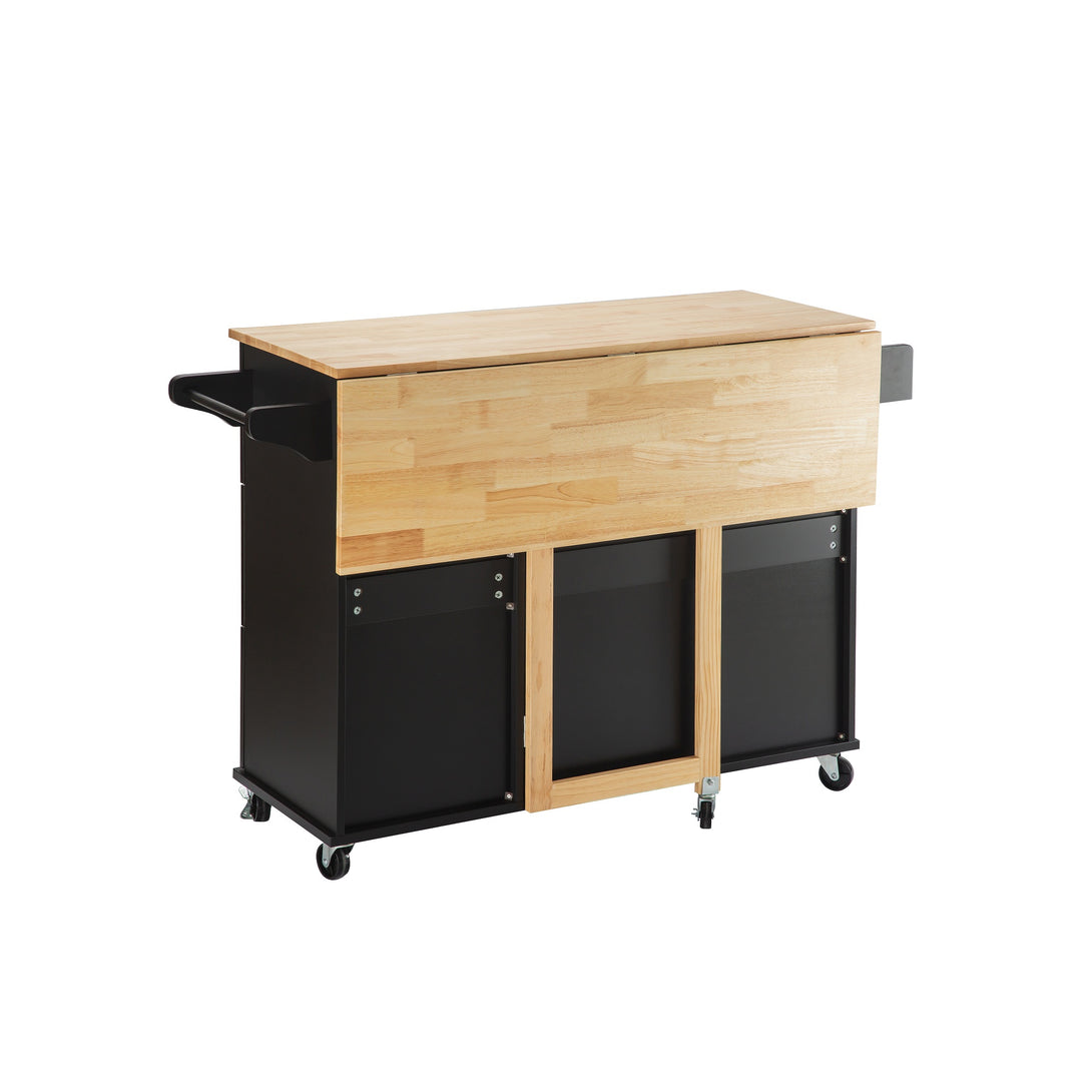 3 Drawers Rubber Wooden Top Utility Kitchen Cart with Adjustable Shelf- Black_10