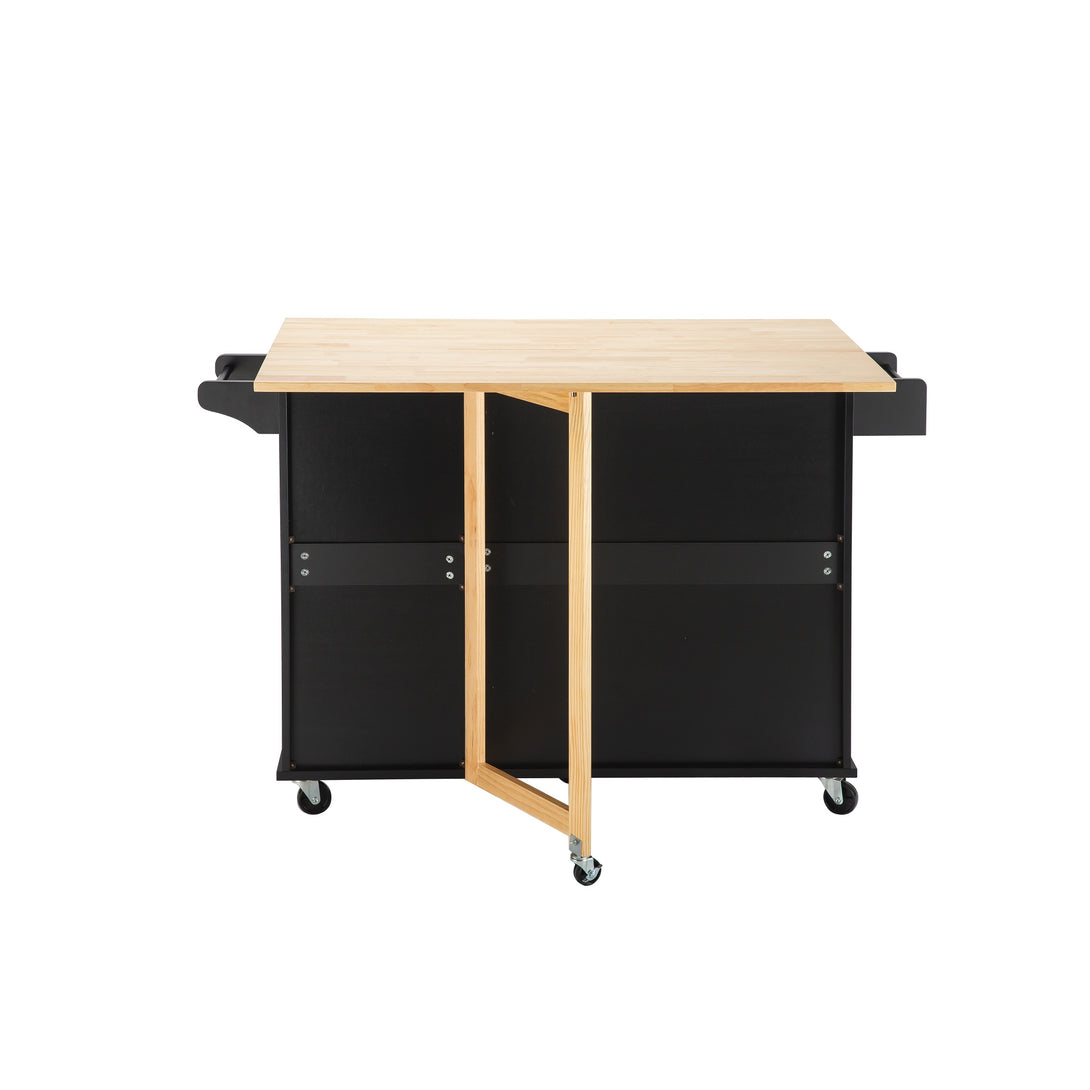 3 Drawers Rubber Wooden Top Utility Kitchen Cart with Adjustable Shelf- Black_3