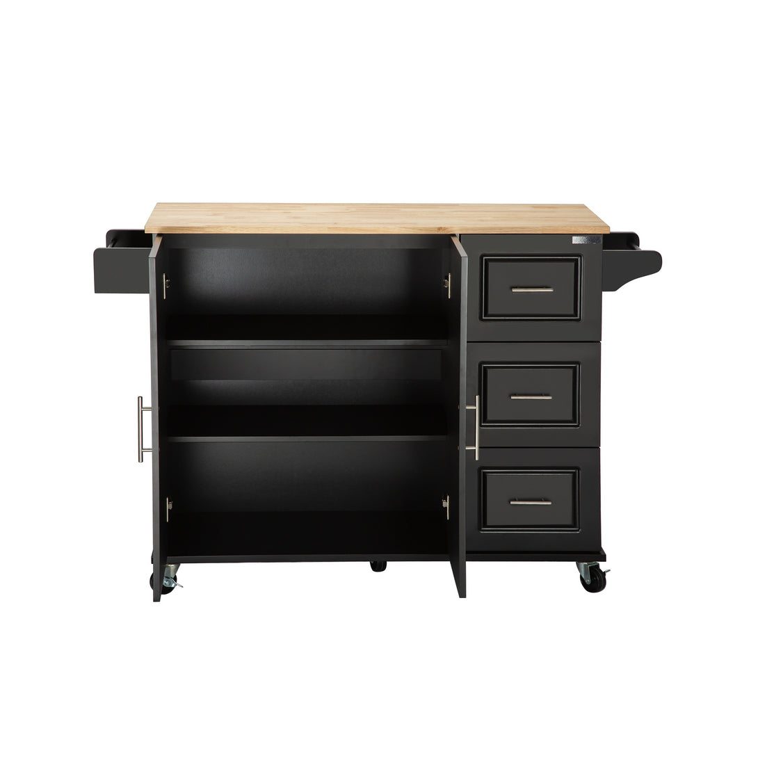 3 Drawers Rubber Wooden Top Utility Kitchen Cart with Adjustable Shelf- Black_2