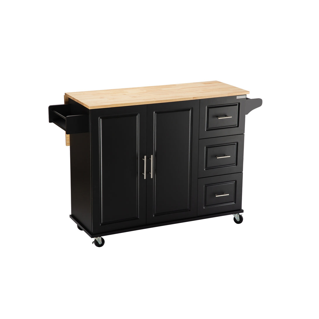 3 Drawers Rubber Wooden Top Utility Kitchen Cart with Adjustable Shelf- Black_8