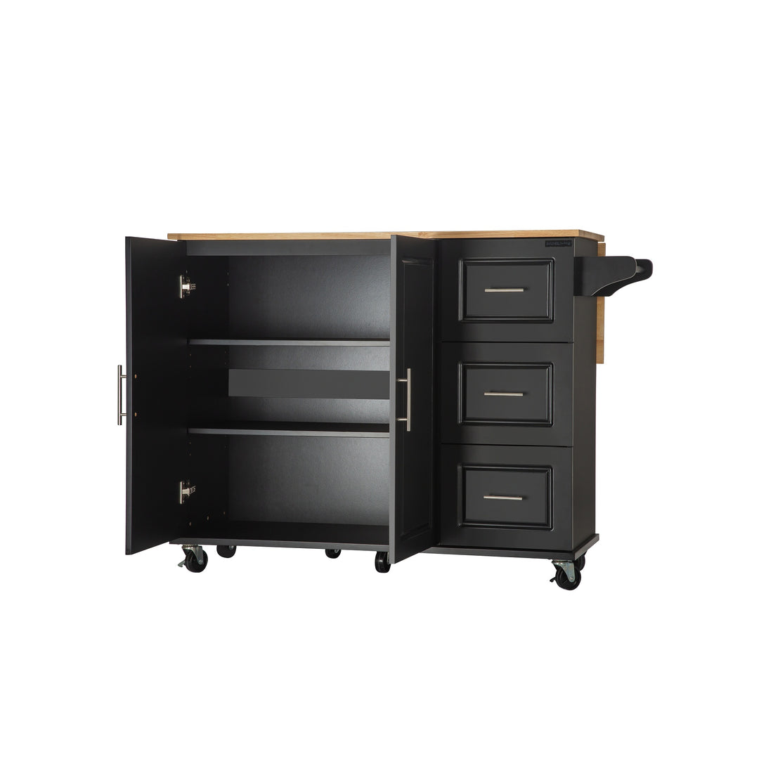 3 Drawers Rubber Wooden Top Utility Kitchen Cart with Adjustable Shelf- Black_5