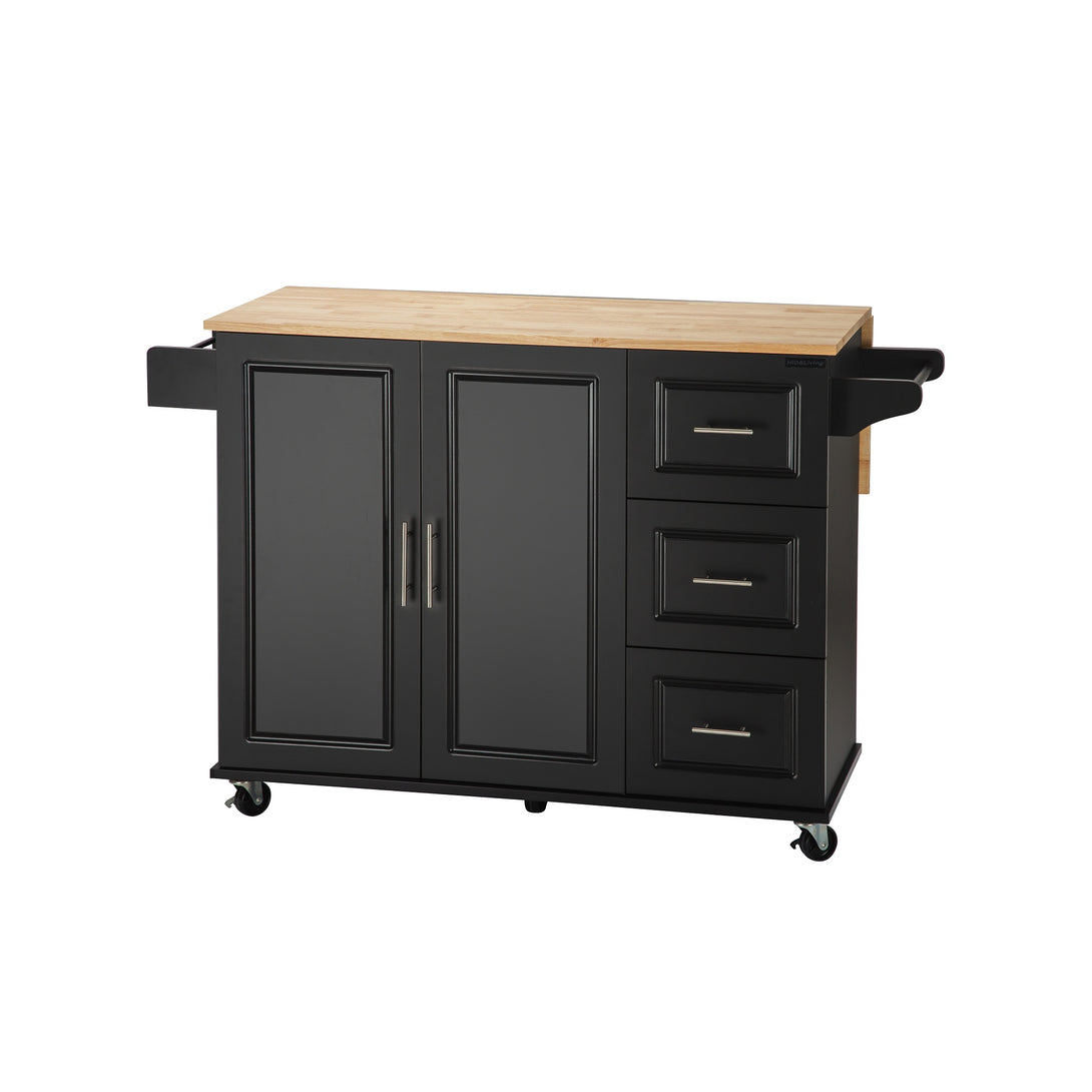 3 Drawers Rubber Wooden Top Utility Kitchen Cart with Adjustable Shelf- Black_9