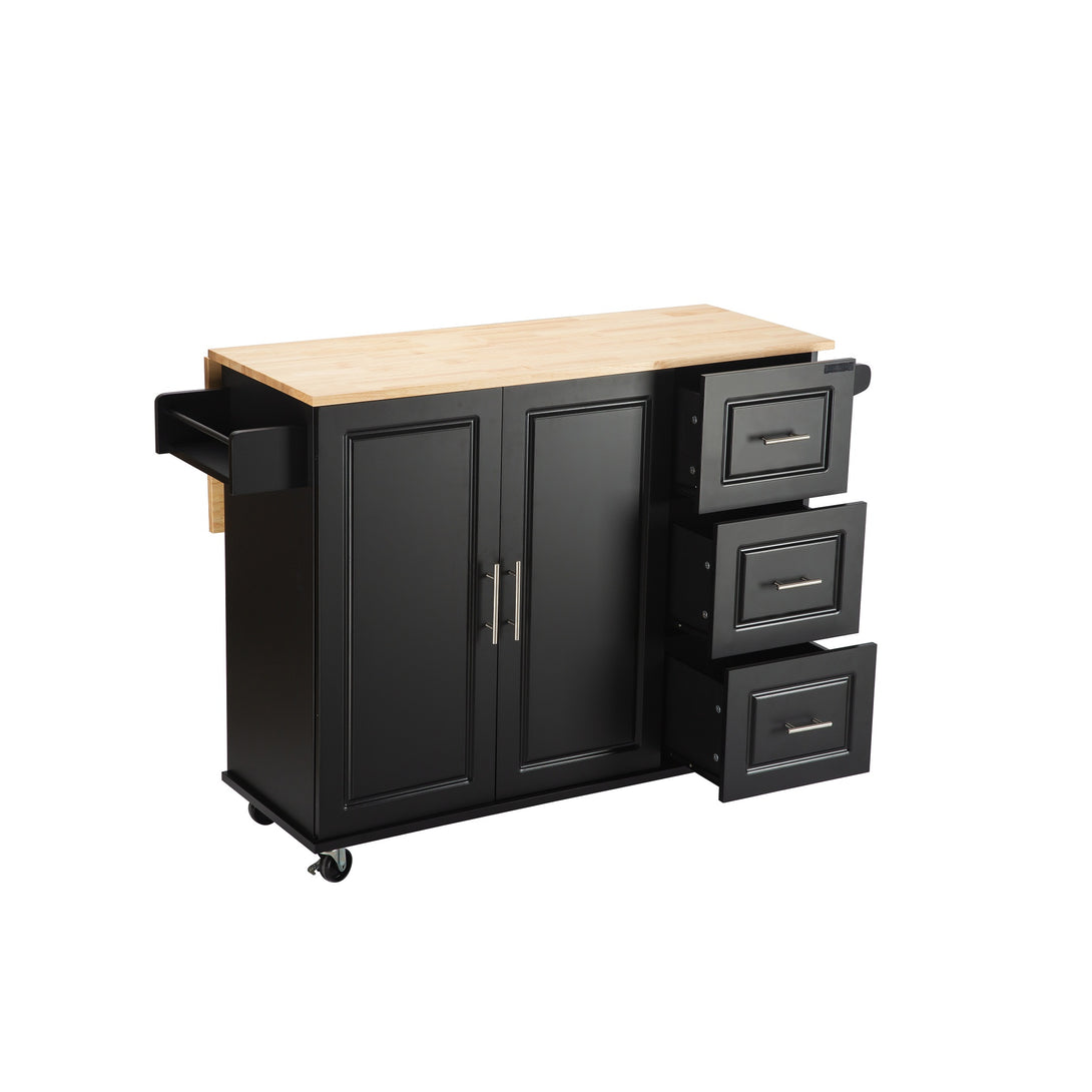 3 Drawers Rubber Wooden Top Utility Kitchen Cart with Adjustable Shelf- Black_1