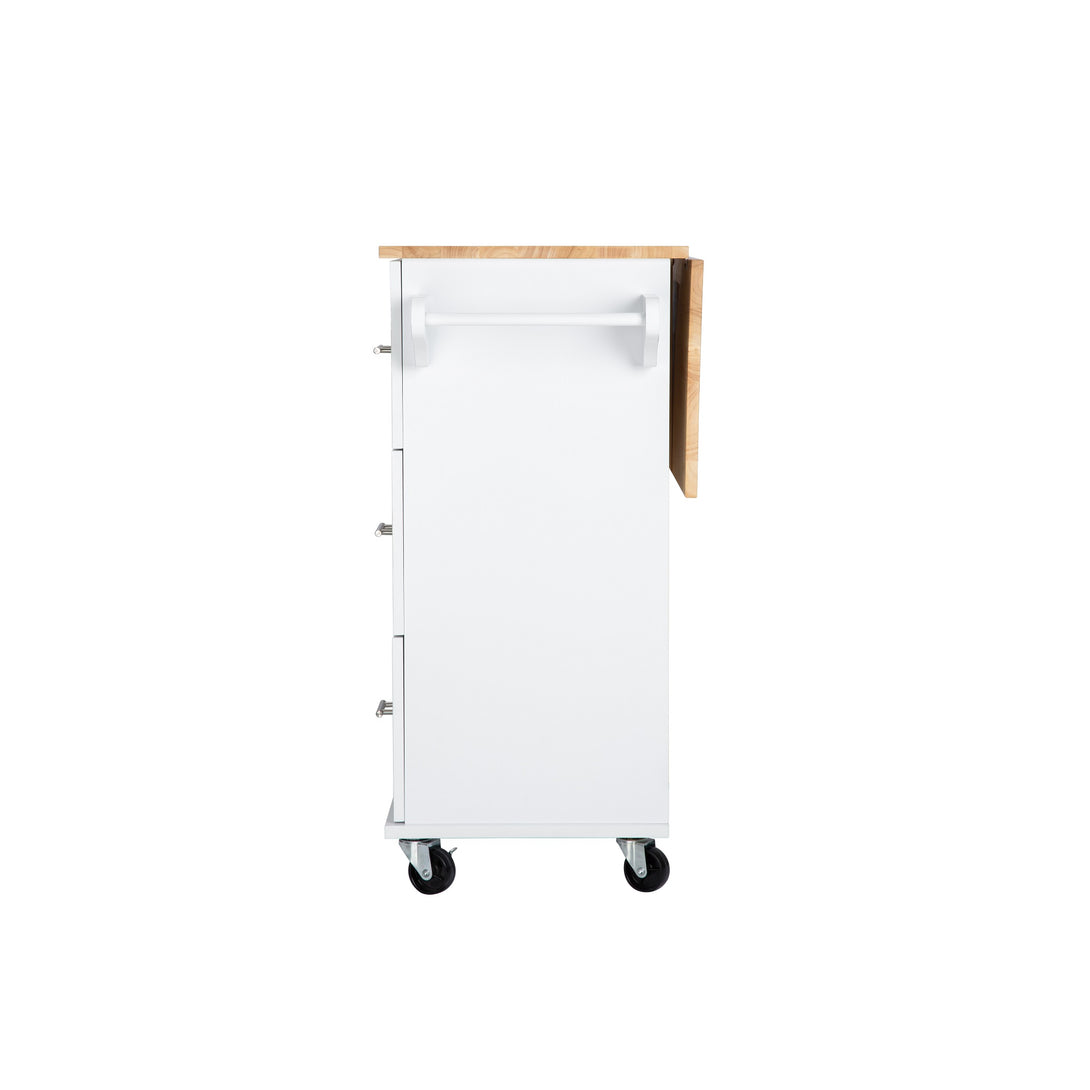 3 Drawers Rubber Wooden Top Utility Kitchen Cart with Adjustable Shelf- White_5