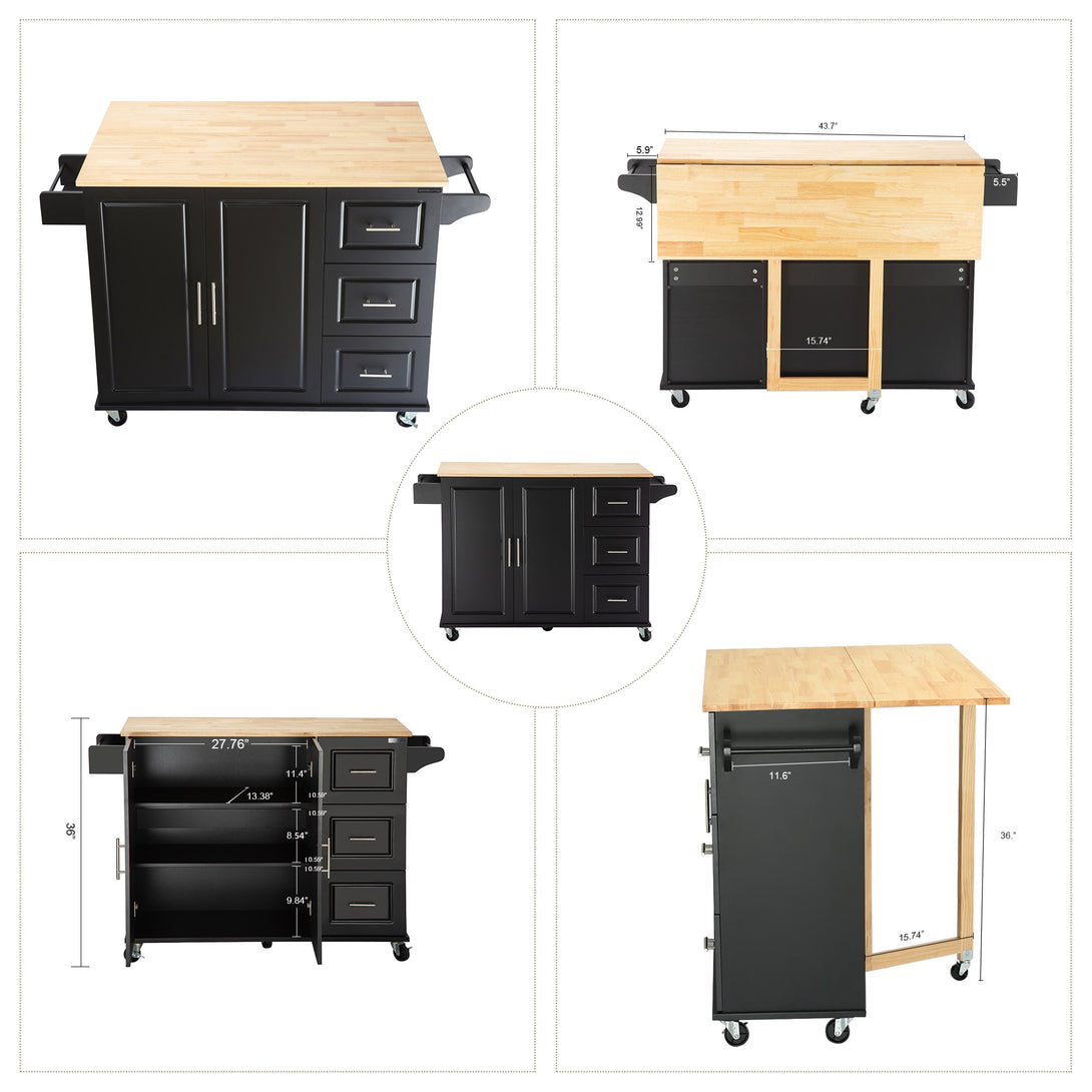 3 Drawers Rubber Wooden Top Utility Kitchen Cart with Adjustable Shelf- Black_11