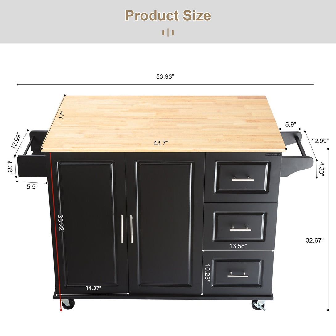 3 Drawers Rubber Wooden Top Utility Kitchen Cart with Adjustable Shelf- Black_13