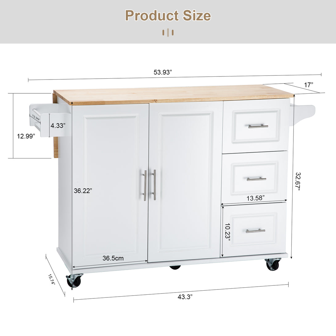 3 Drawers Rubber Wooden Top Utility Kitchen Cart with Adjustable Shelf- White_25