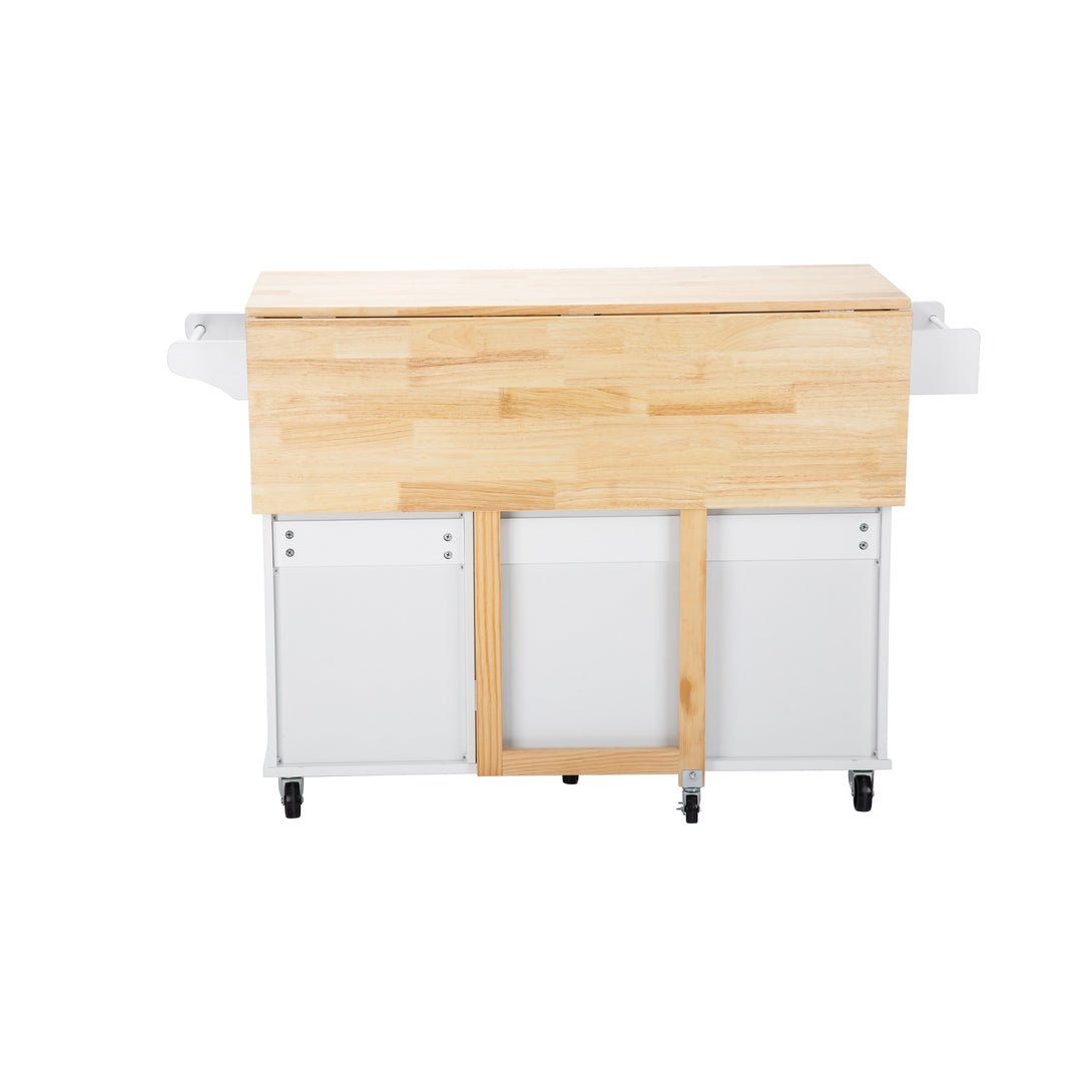 3 Drawers Rubber Wooden Top Utility Kitchen Cart with Adjustable Shelf- White_2