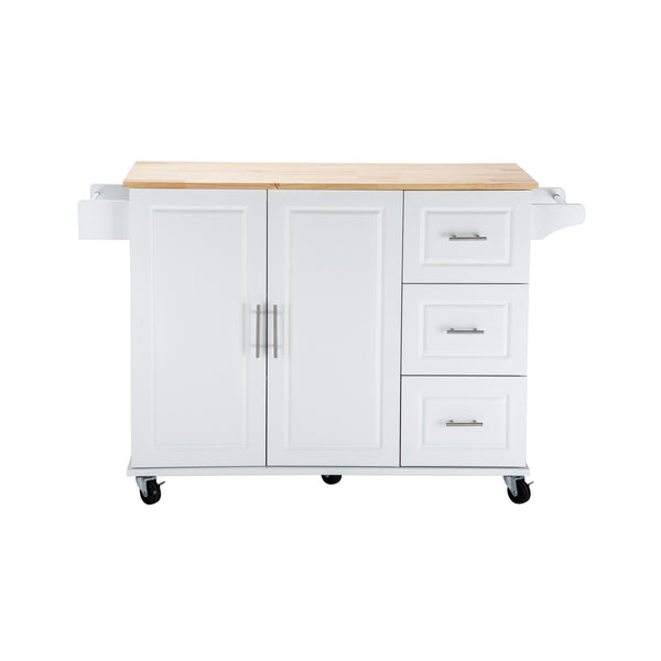 3 Drawers Rubber Wooden Top Utility Kitchen Cart with Adjustable Shelf- White_0