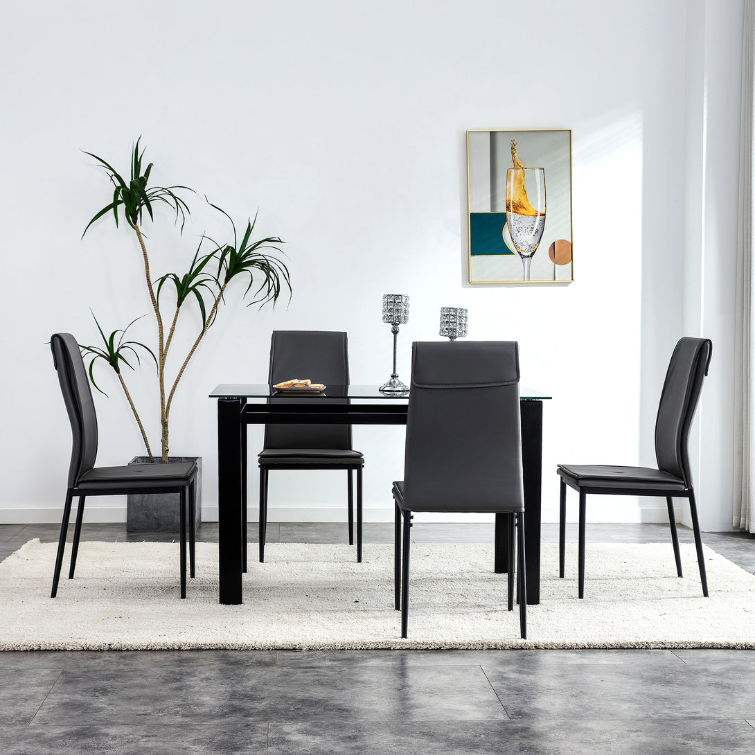 Set of 5 4 Seater Tempered Glass Dining Table and Basic Faux Leather Chair Set- Black_2