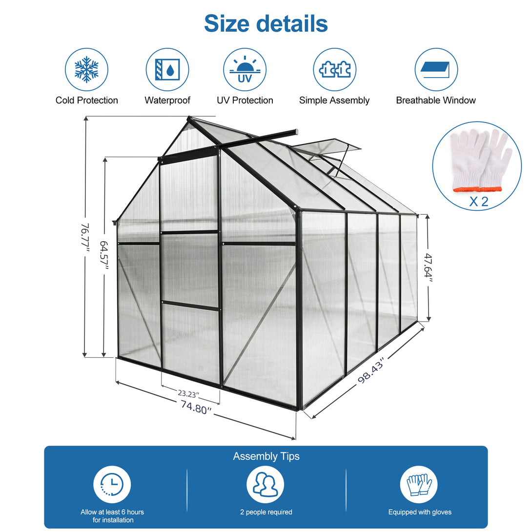 6x8 FT  Polycarbonate Walk-in Greenhouse Garden for Backyard Planting- Green_8