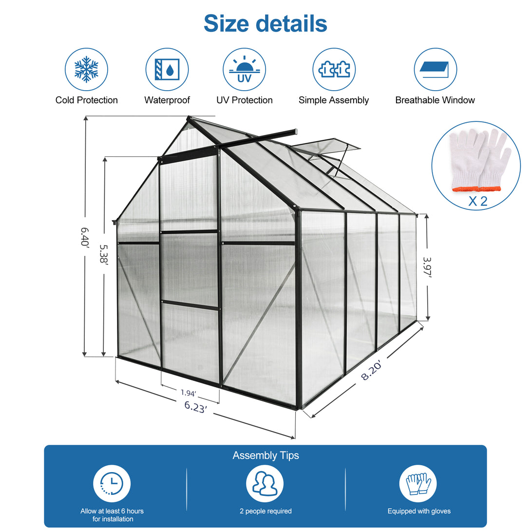 6x8 FT  Polycarbonate Walk-in Greenhouse Garden for Backyard Planting- Green_6