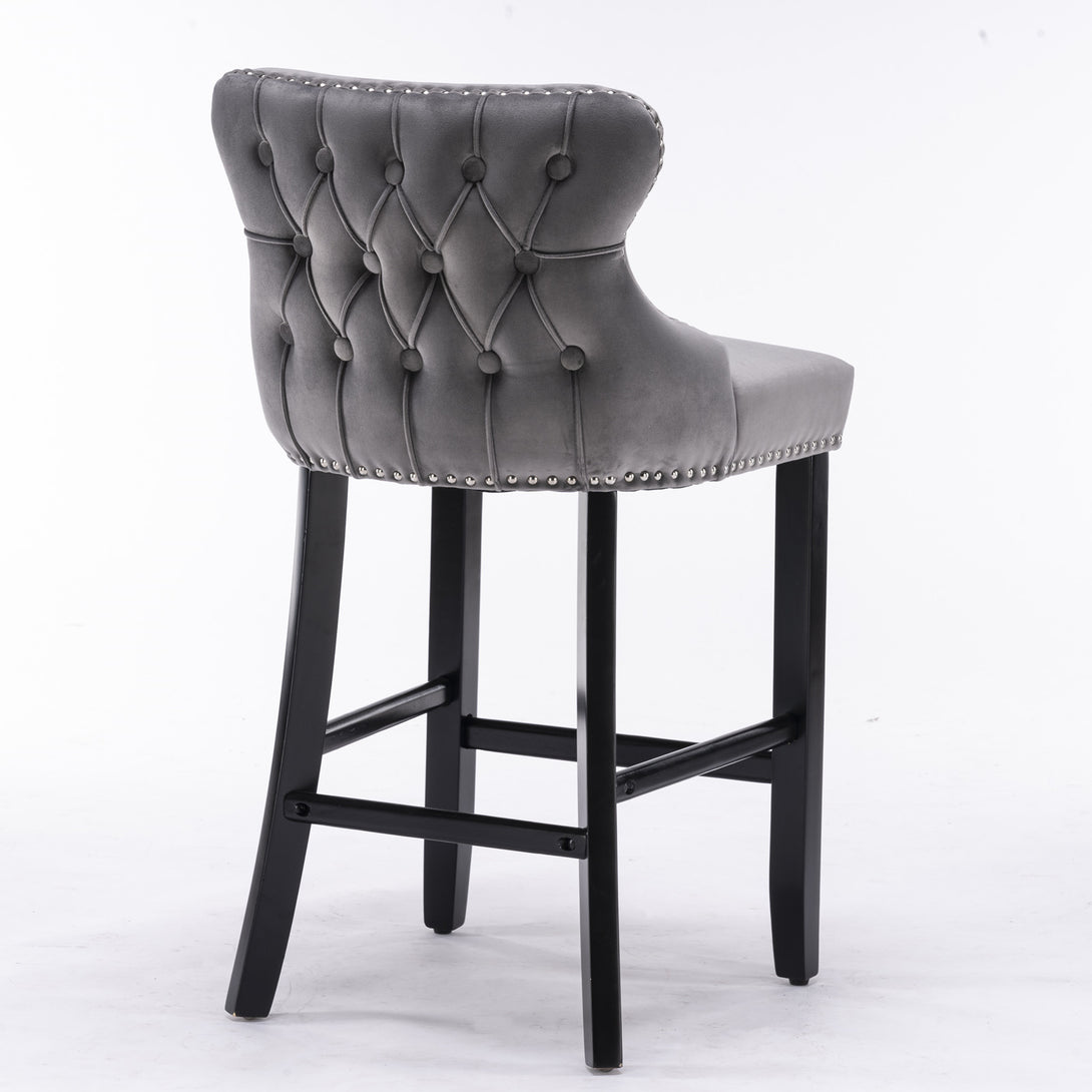 2pcs Chrome Accent Wingback Bar Stools Tufted Velvet with Nailhead and Black Legs- Black, Black_5