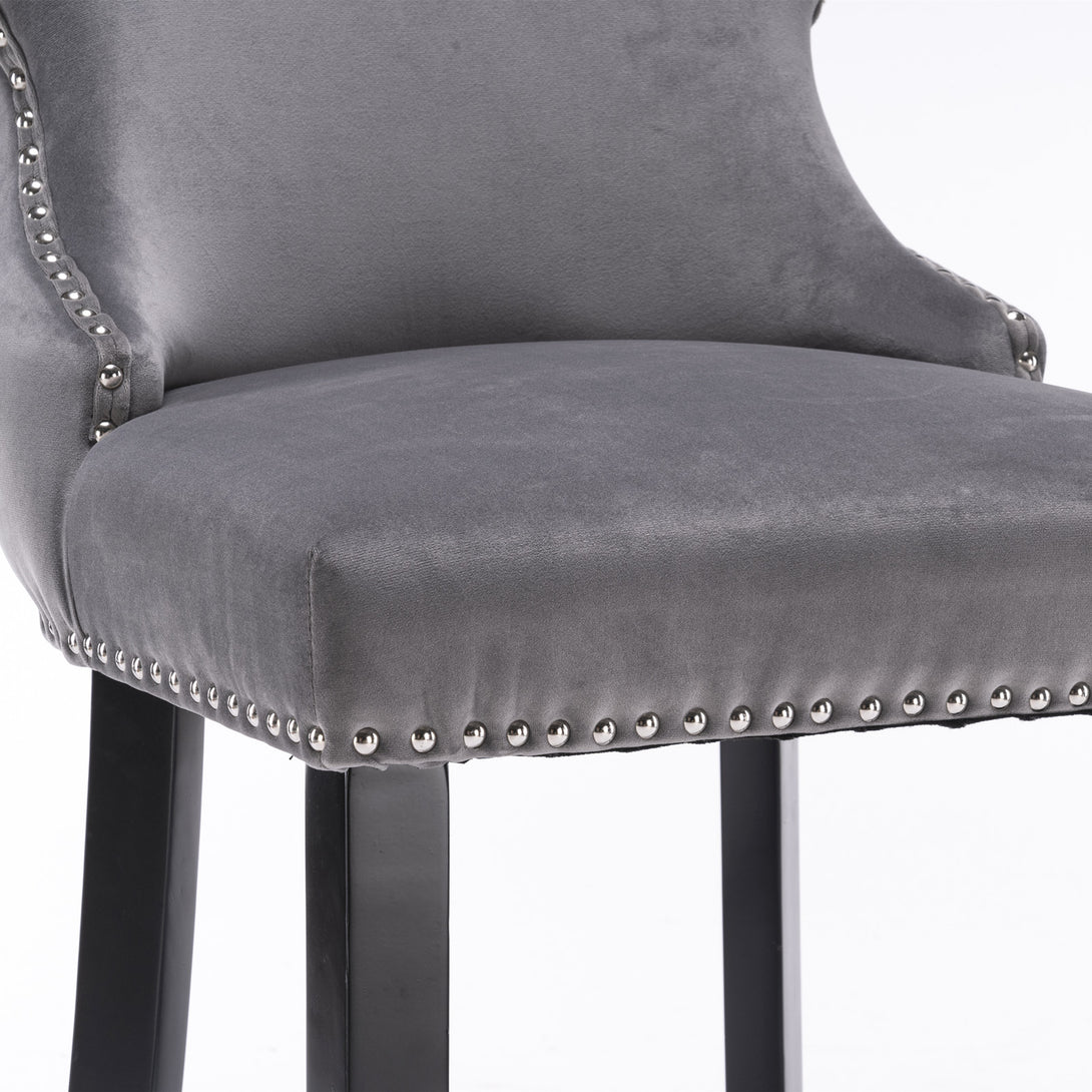 2pcs Chrome Accent Wingback Bar Stools Tufted Velvet with Nailhead and Black Legs- Black, Black_7